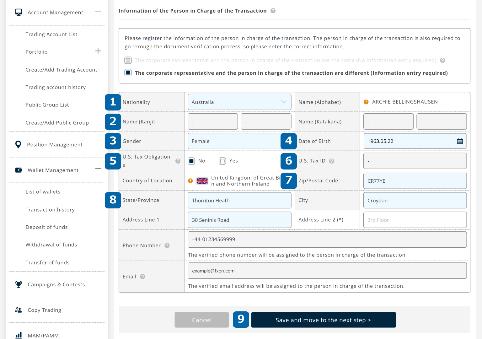 Information of the person in charge of the transaction