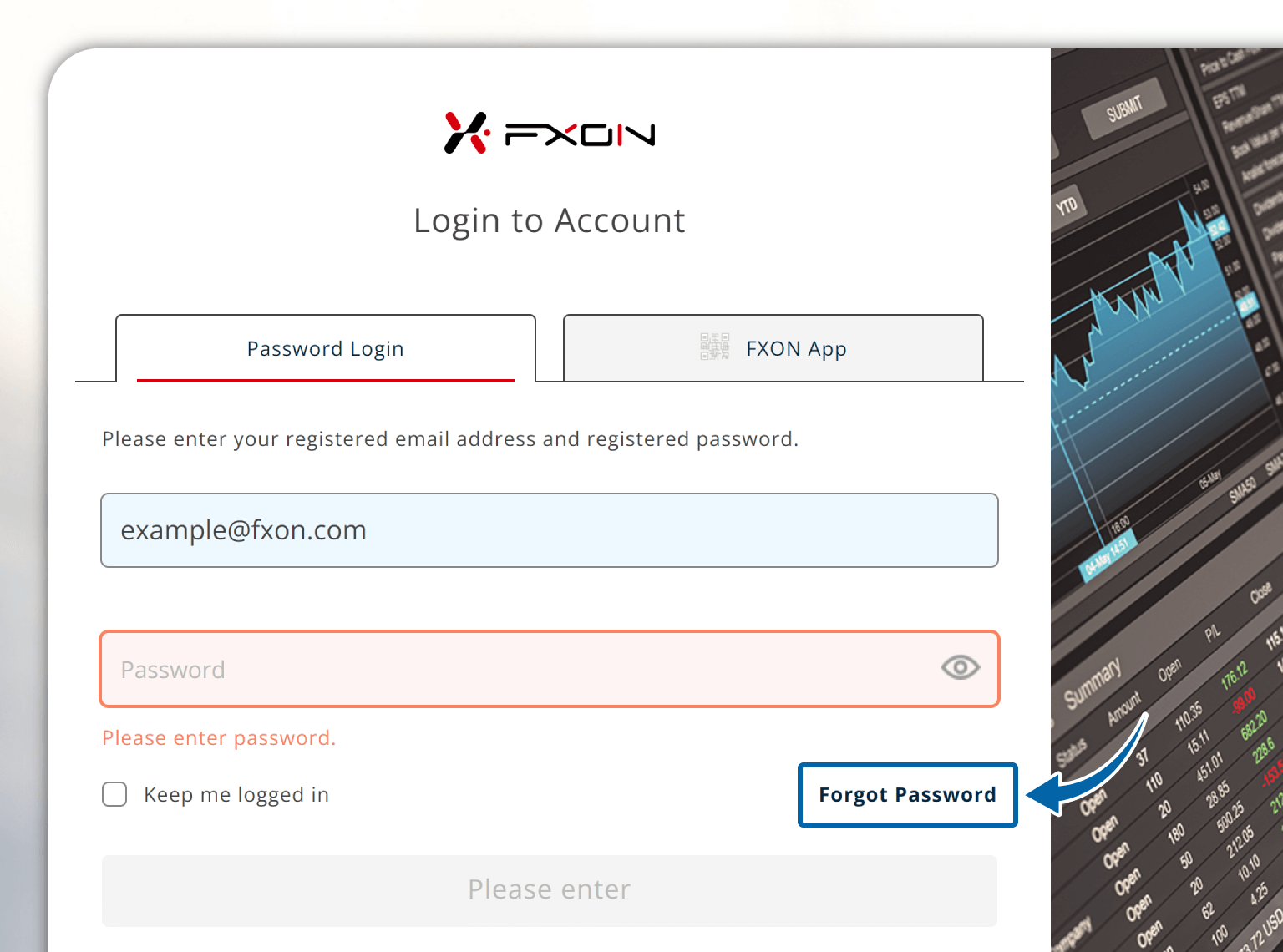 1. FXON Portal login page