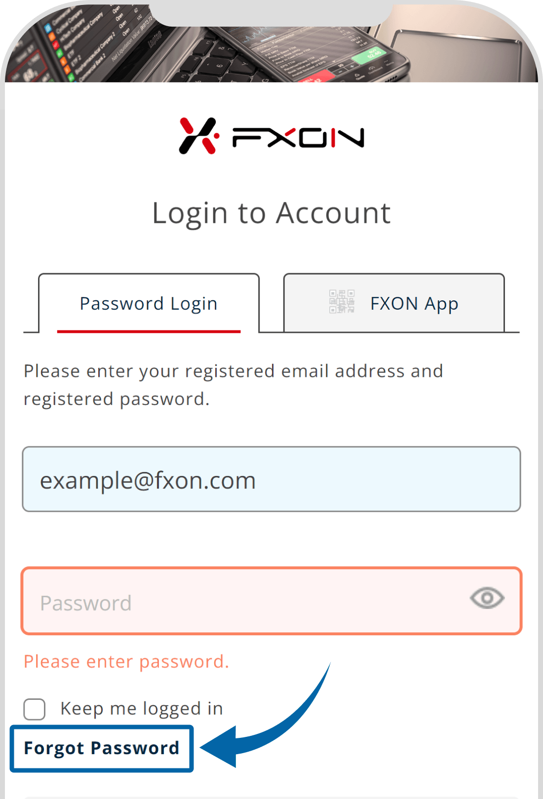 1. FXON Portal login page