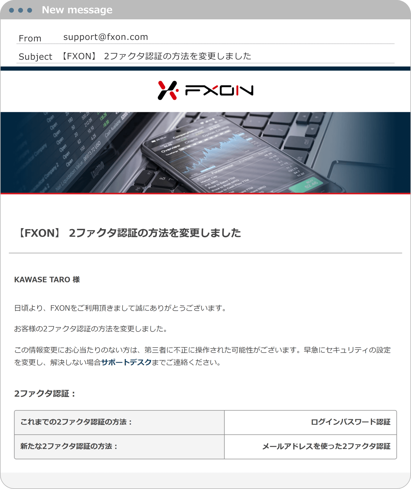 2ファクタ認証の方法変更完了メールの送付