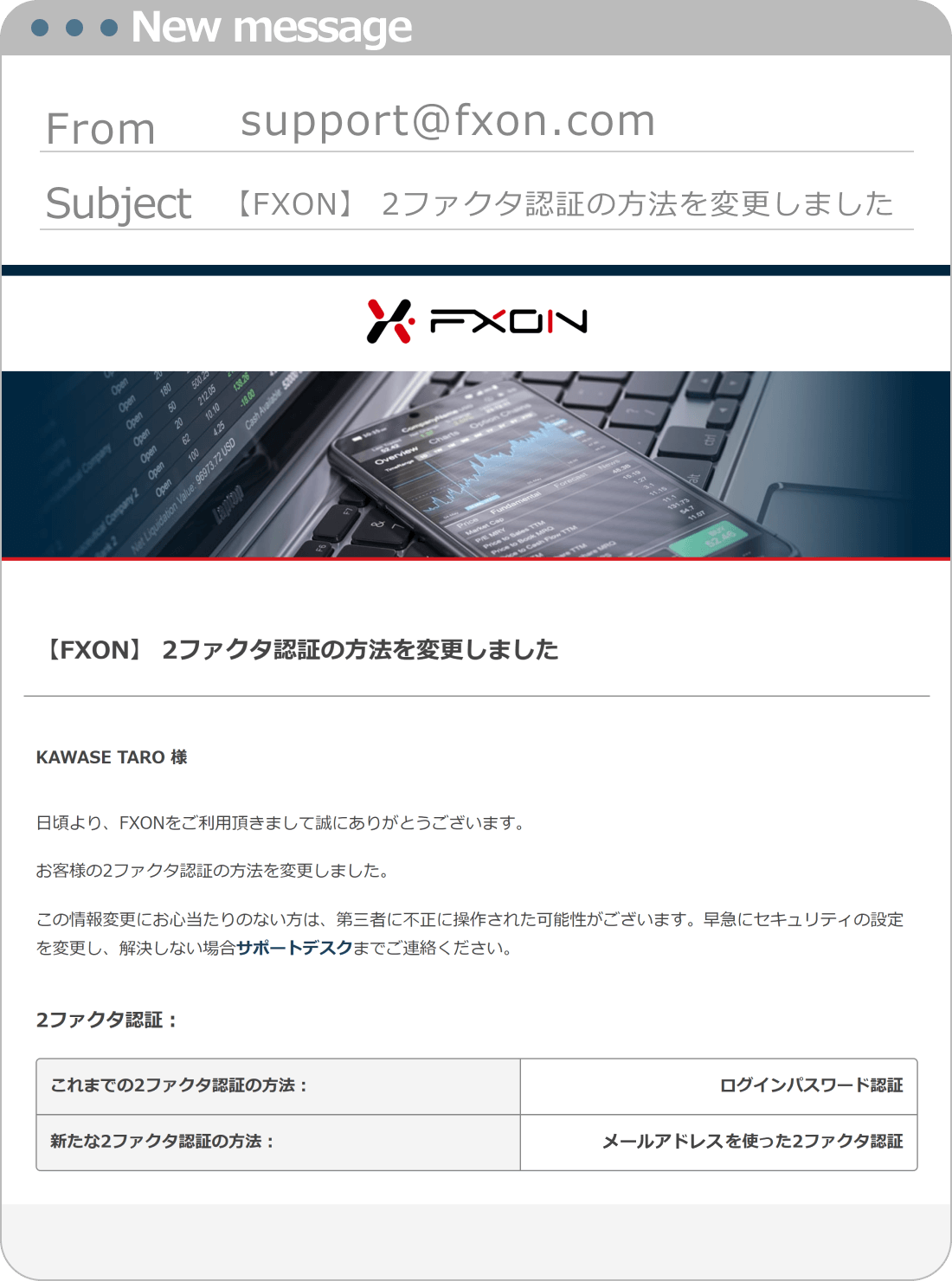 2ファクタ認証の方法変更完了メールの送付