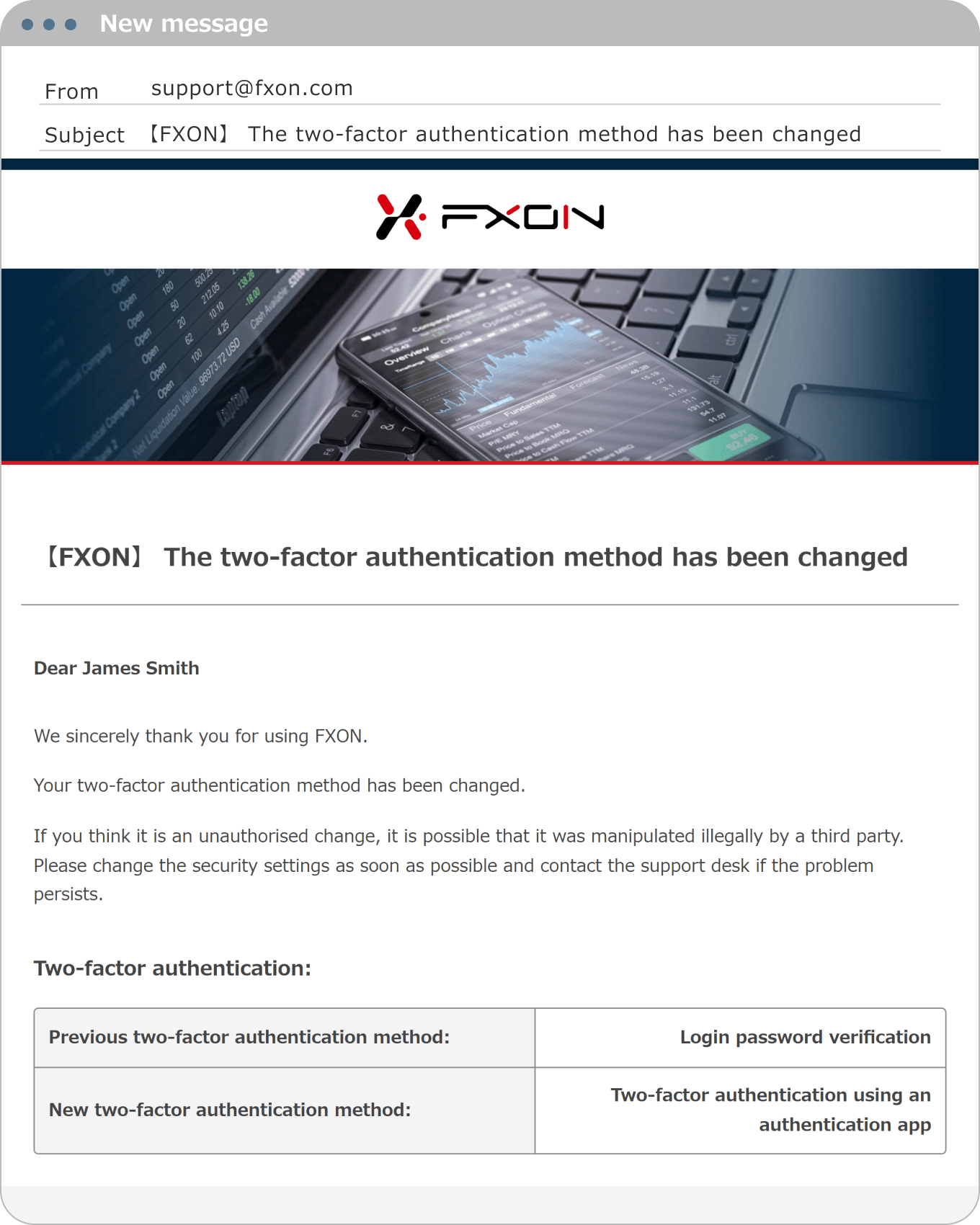 Email confirming the completion of the two-factor authentication method change