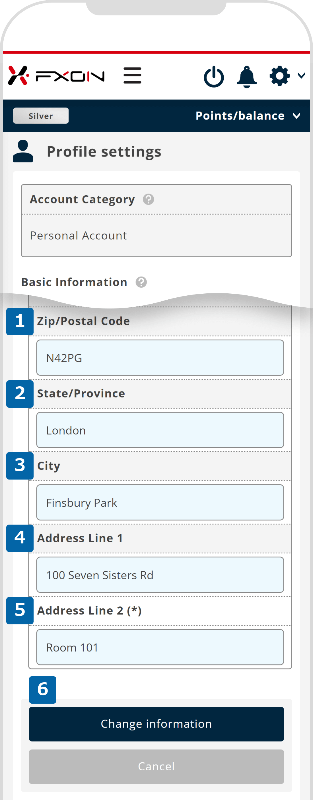 3. Enter new postal code and adress