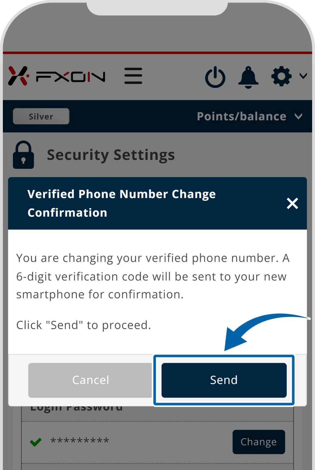 Display of confirmation screen for sending security code