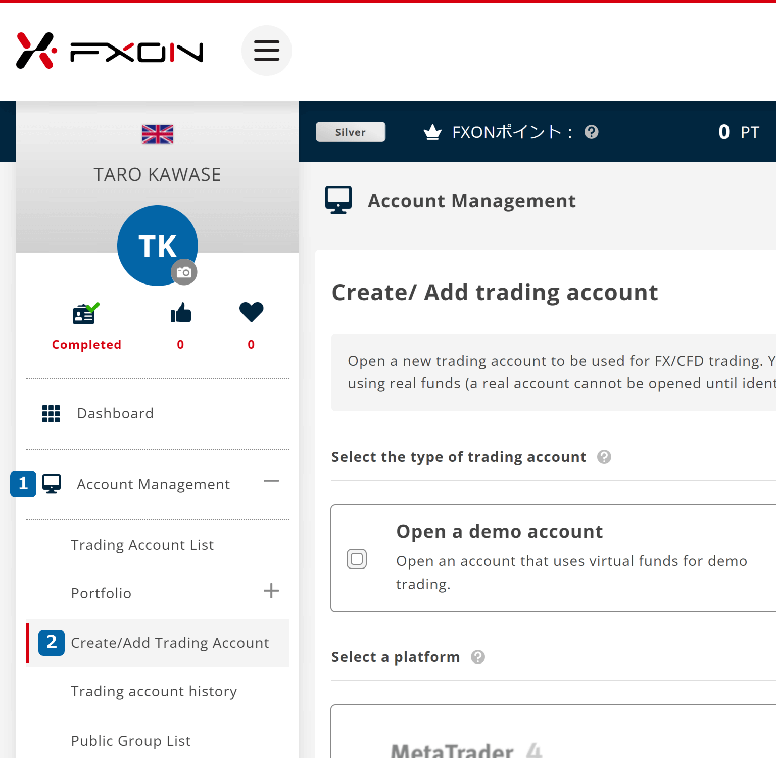 Go to Create/Add Trading Account