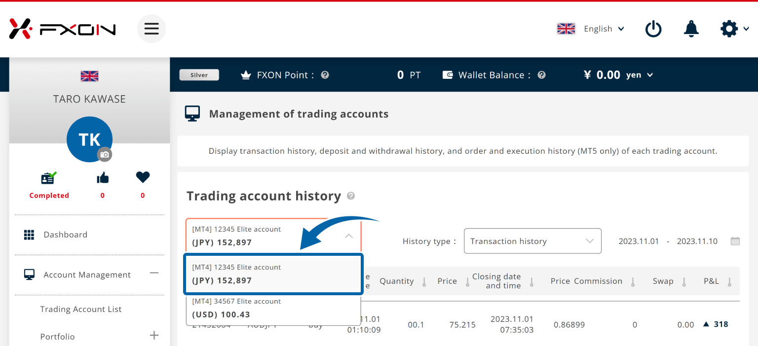 Select account to download transaction history