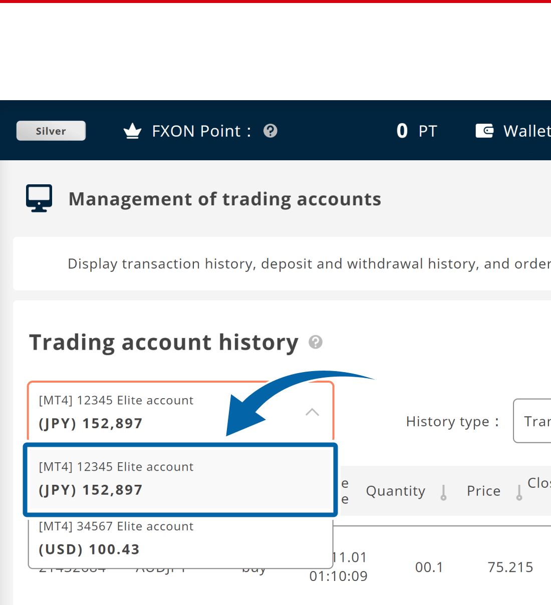 Select account to download transaction history