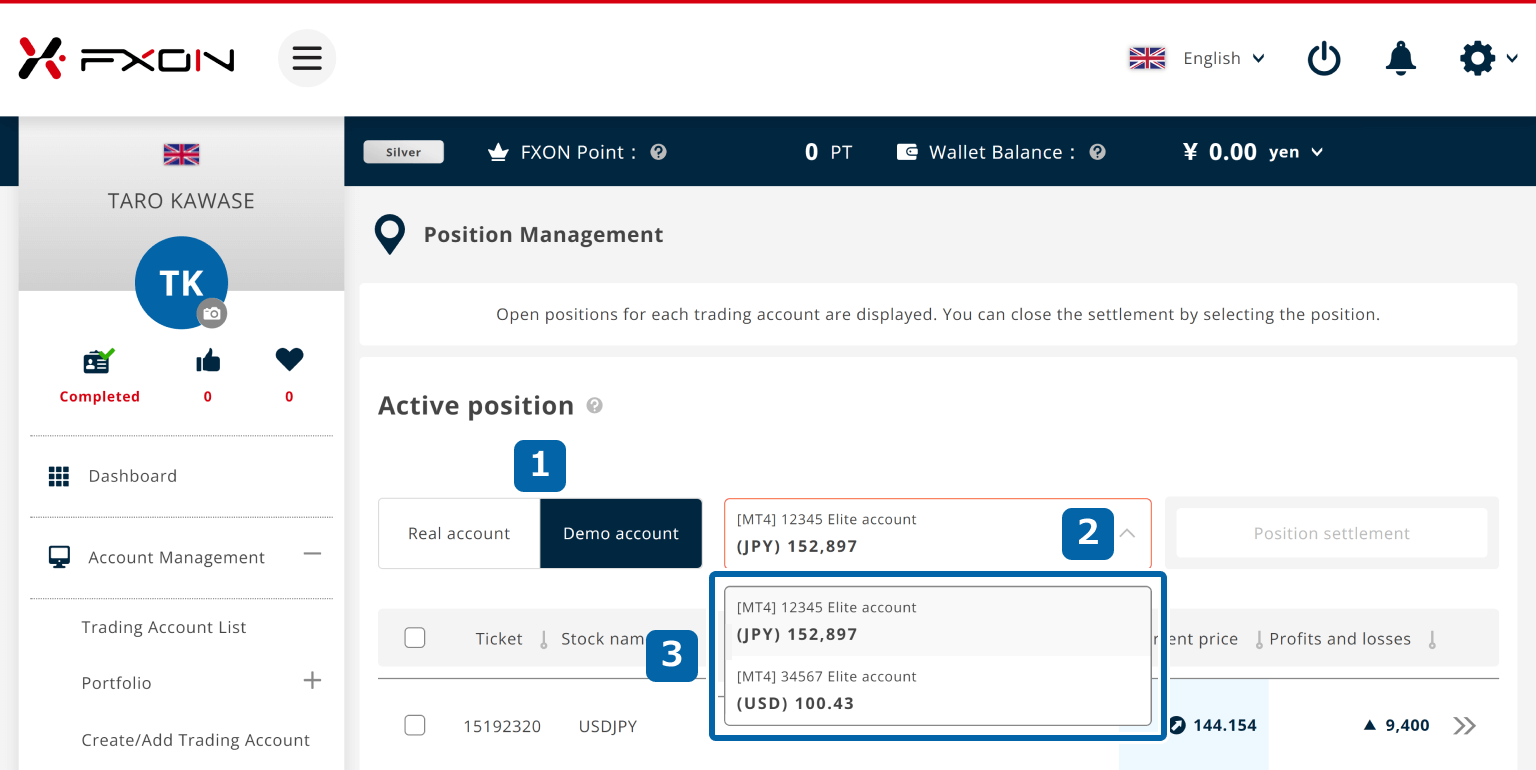 Select the account to close positions