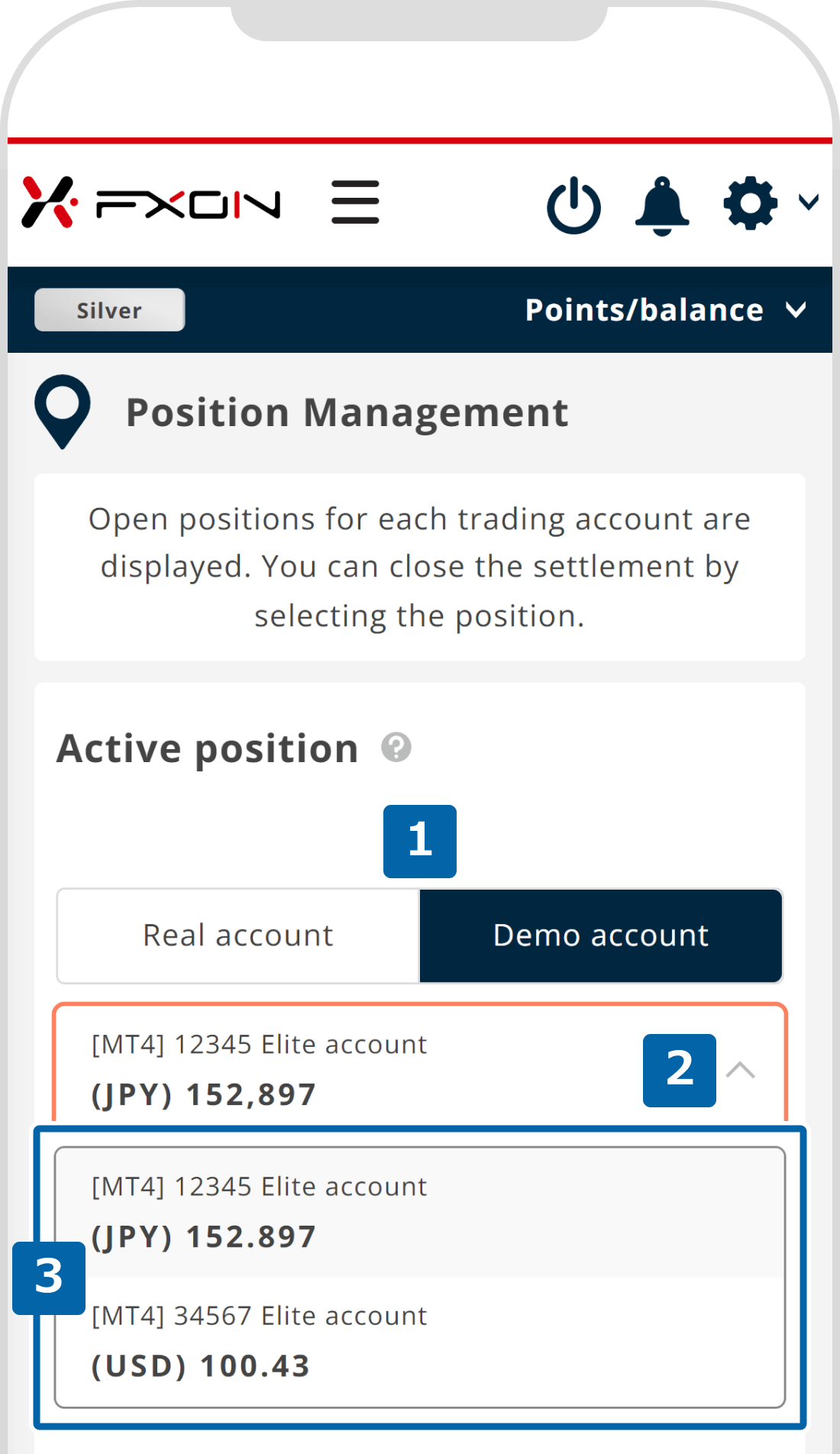 Select the account to close positions