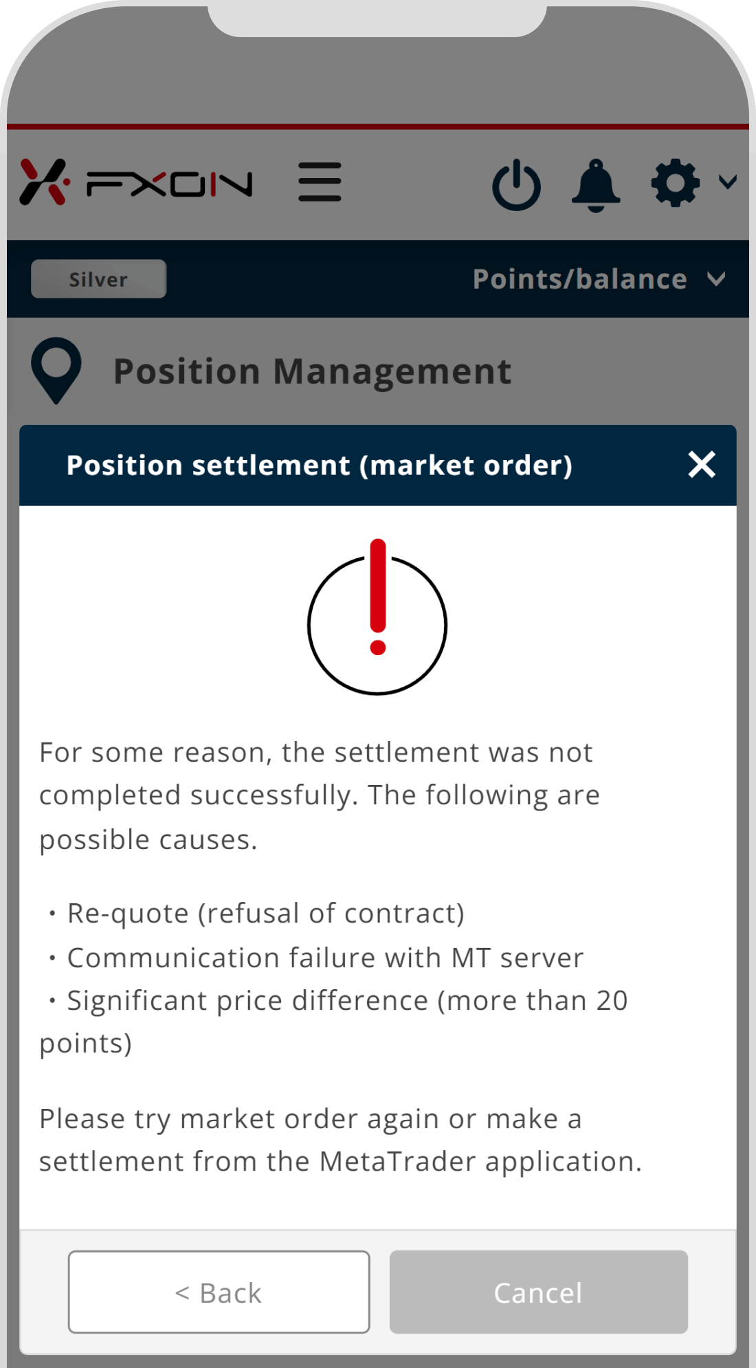 In case of failure to successfully close a position