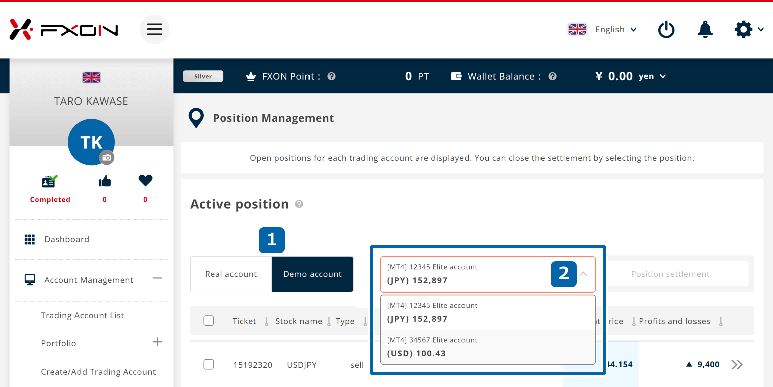 2. Select an account to close multiple positions