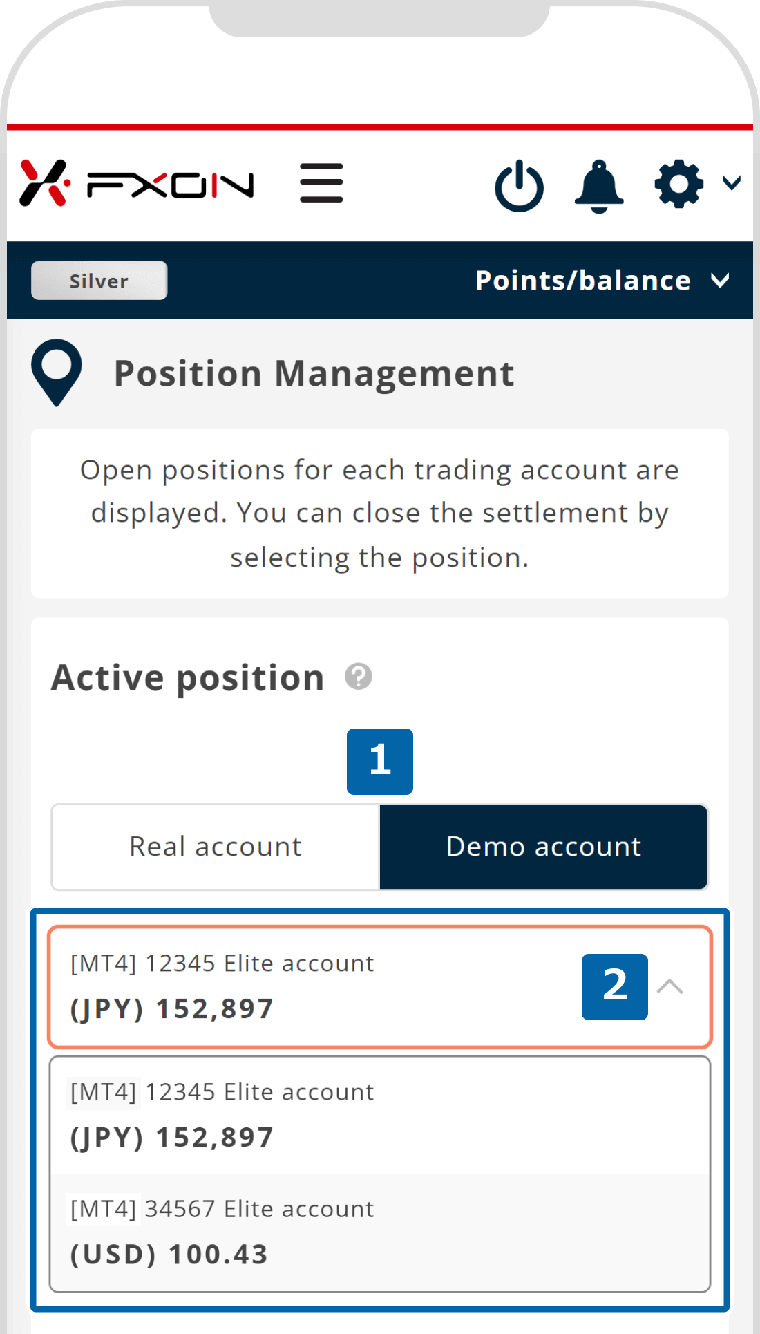 2. Select an account to close multiple positions