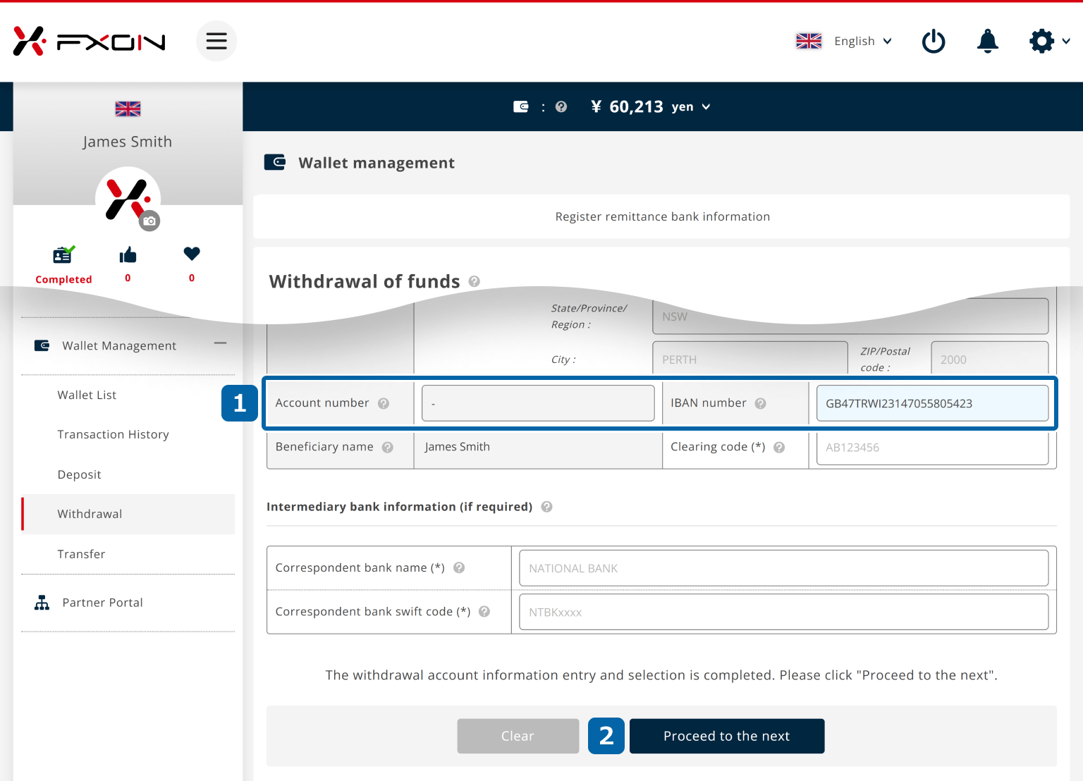 Enter IBAN number and Account Number