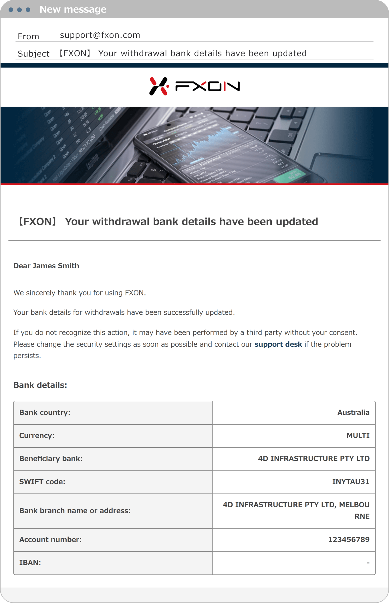 Withdrawal Bank Account Information Update Confirmation Email