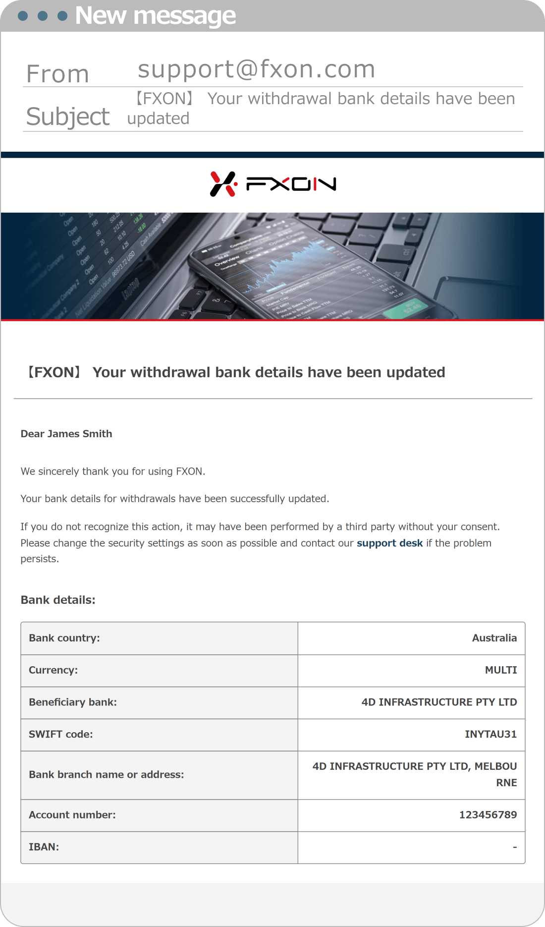 Withdrawal Bank Account Information Update Confirmation Email