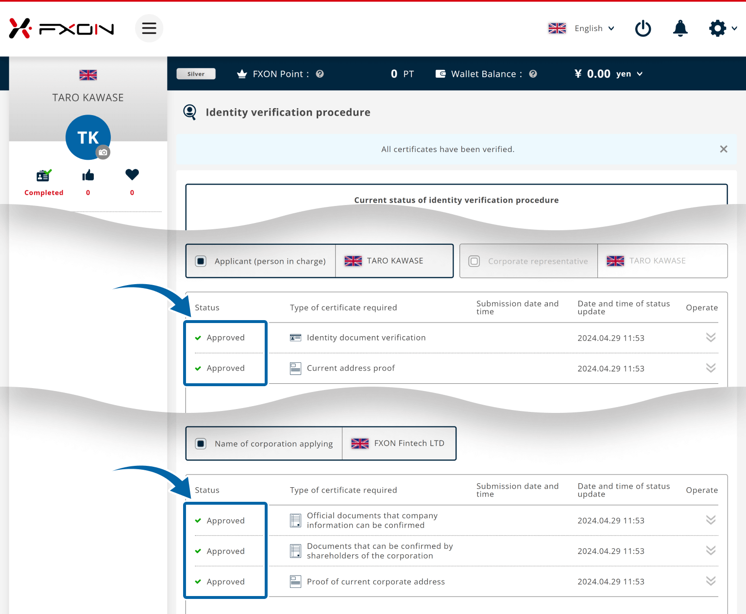 Check the status of the identity verification procedure screen