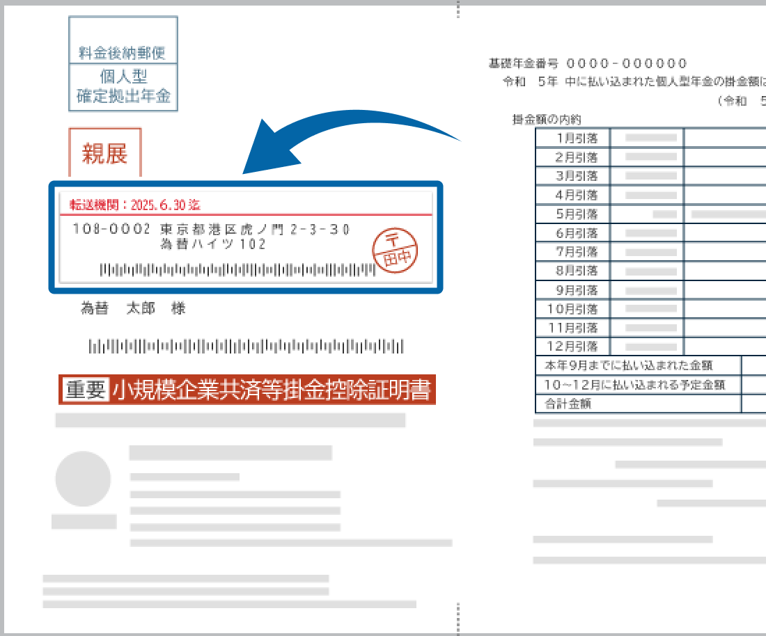 掛金払込証明書に転送シールがある様子