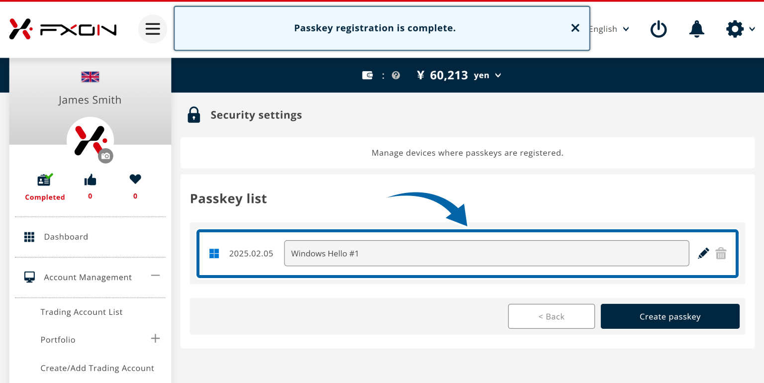 Passkey registration complete