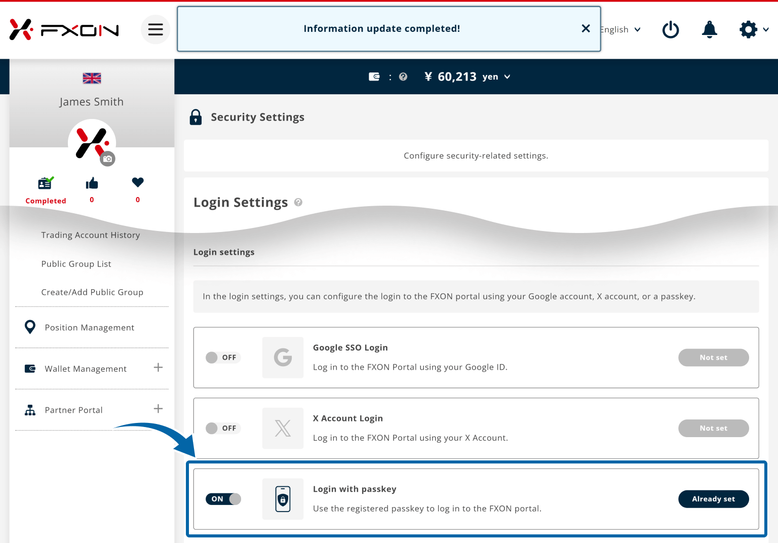 Passkey login setup complete