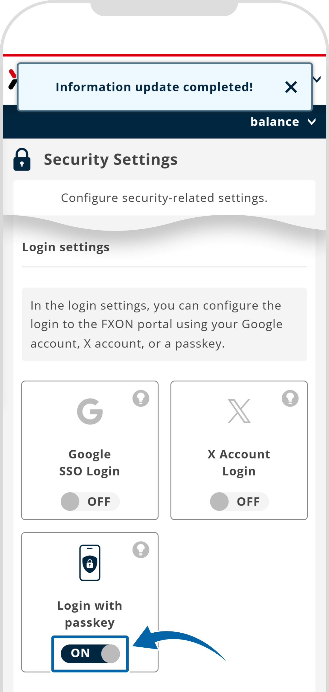 Passkey login setup complete