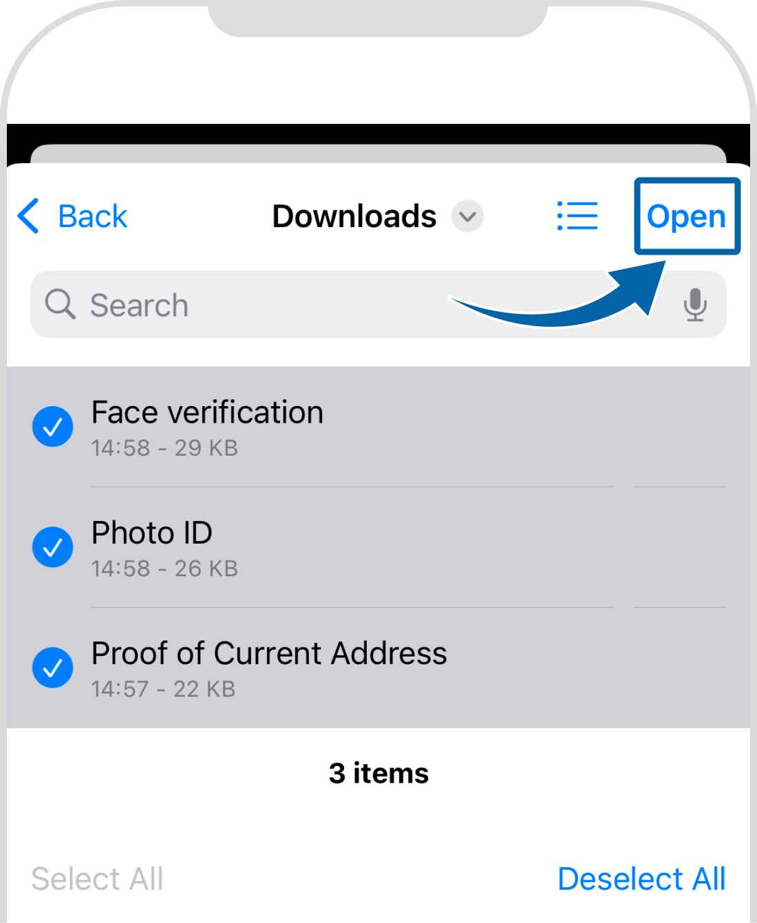 Open selected file and upload