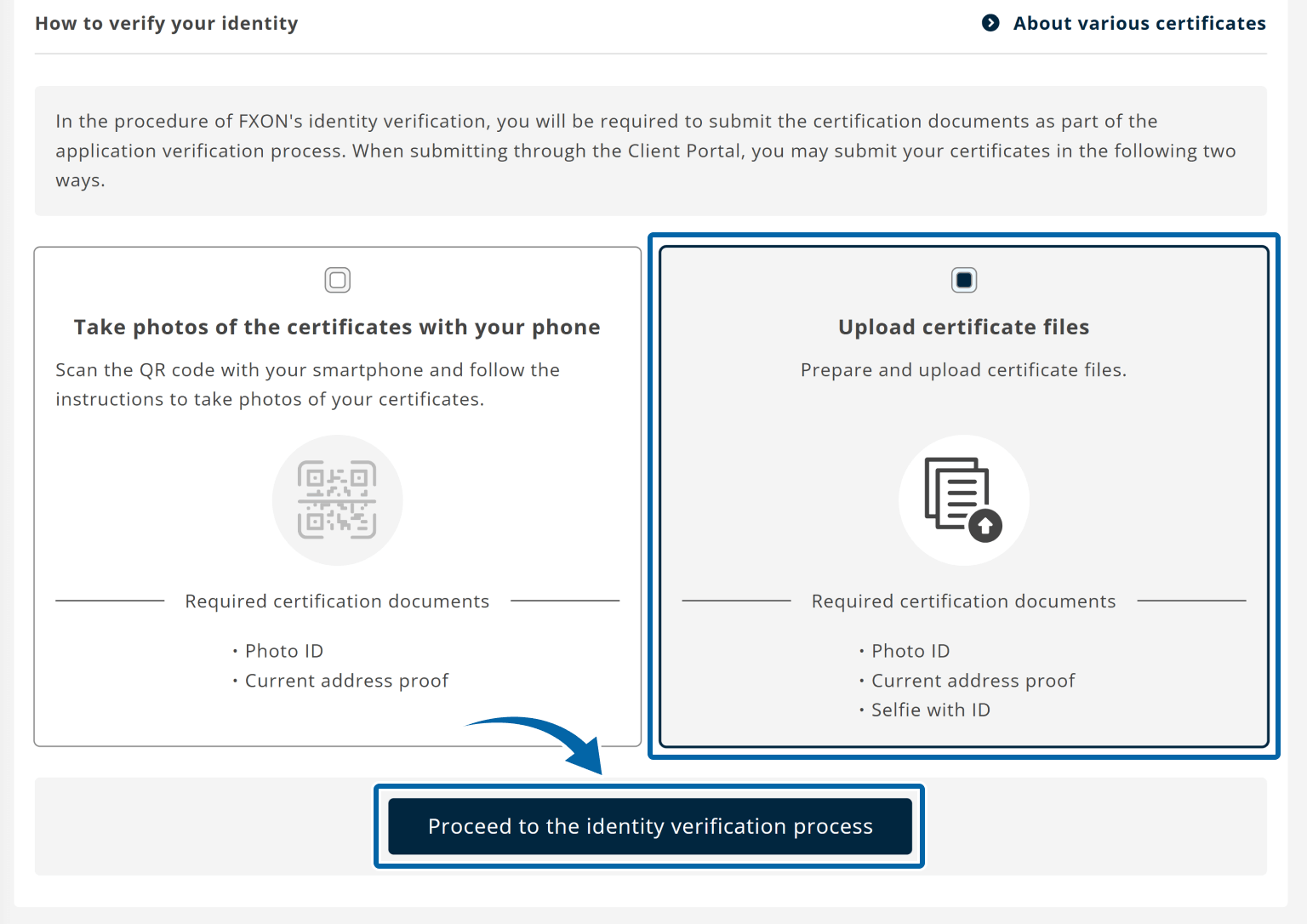 Select a method to submit certification documents