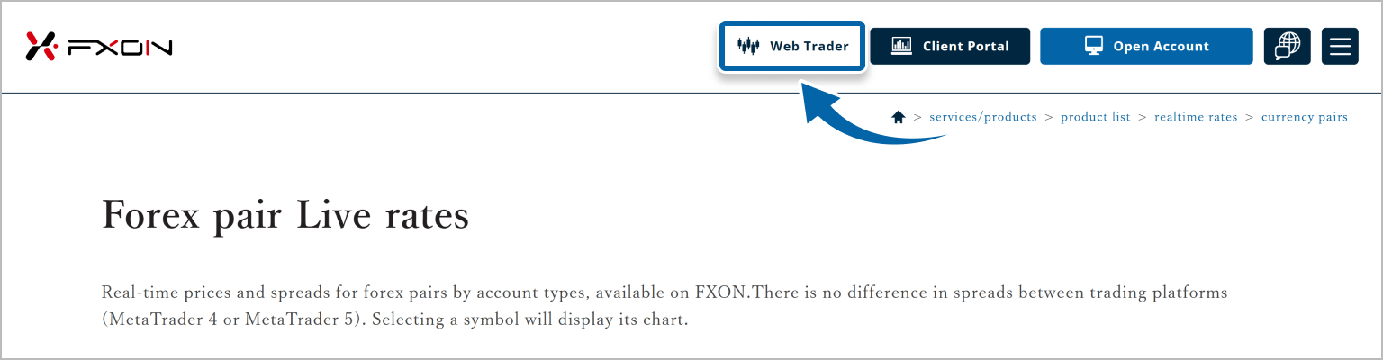 WebTrader menu on FXON site