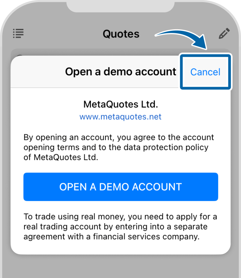 In case the “Open a demo account” Screen Appears