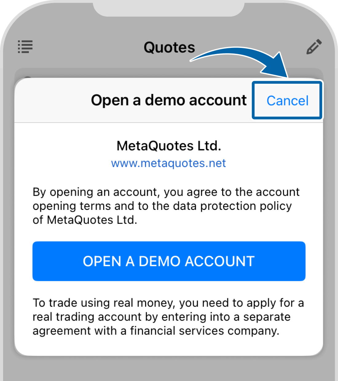 In case the “Open a demo account” Screen Appears