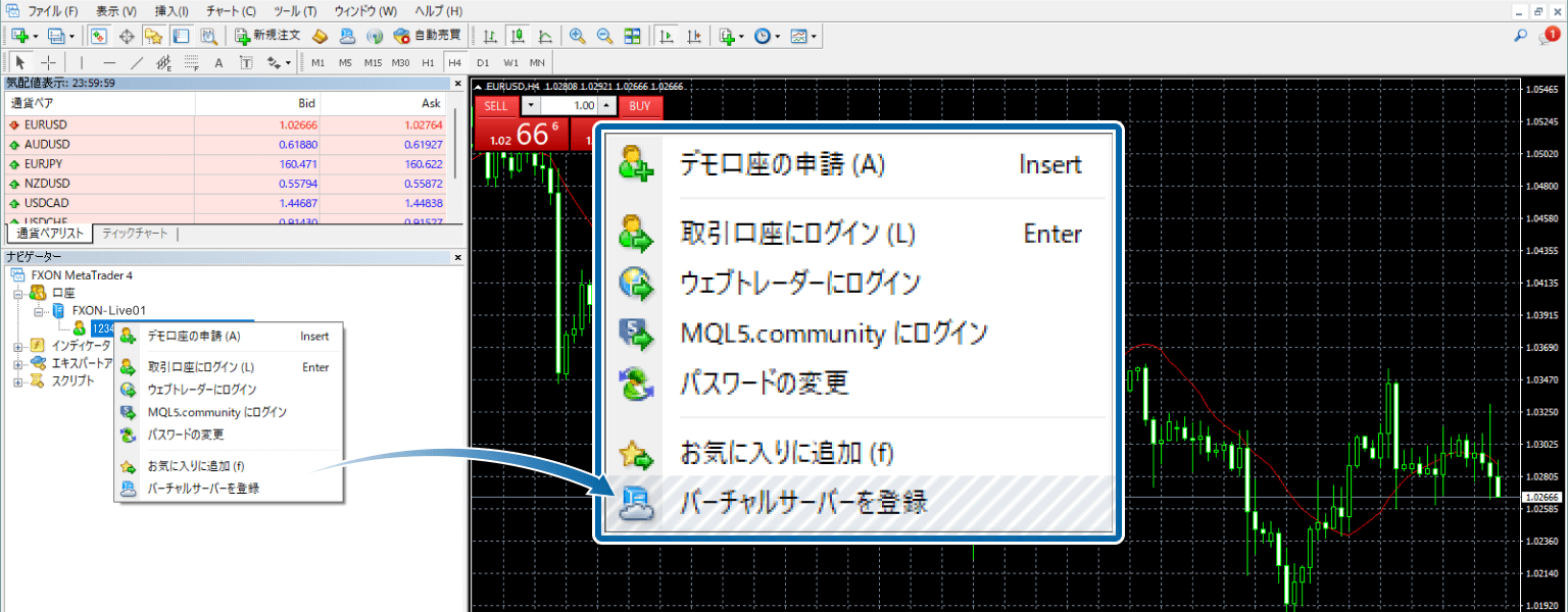 MT4 取引メニュー画面を表示