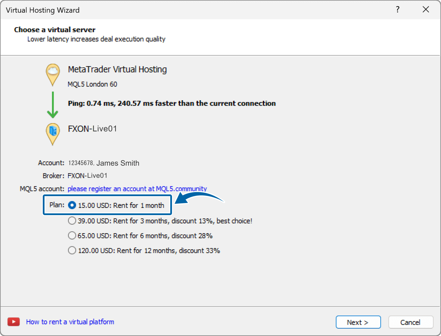 VPS service plan selection screen