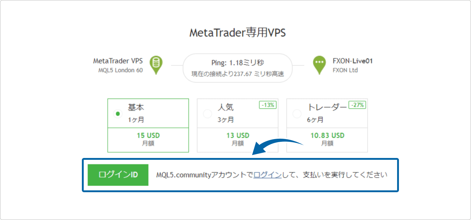 バーチャルサーバのログイン画面を表示