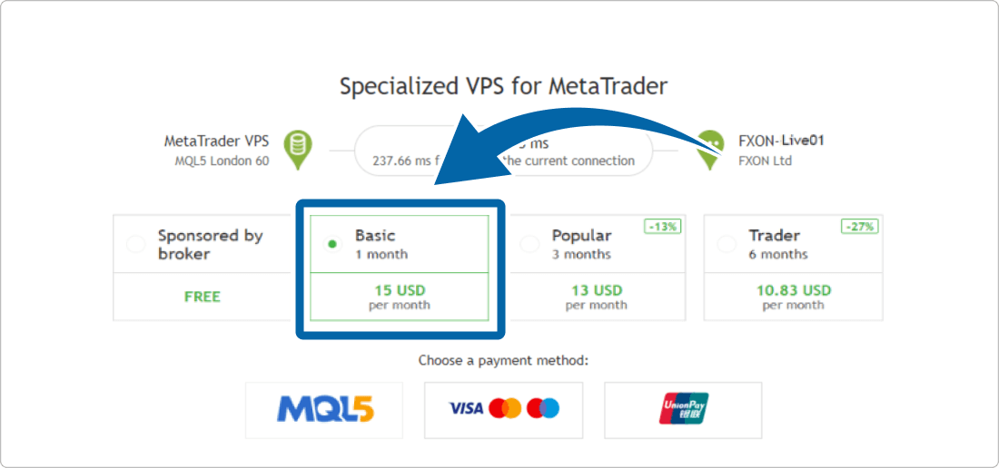 VPS service plan selection screen