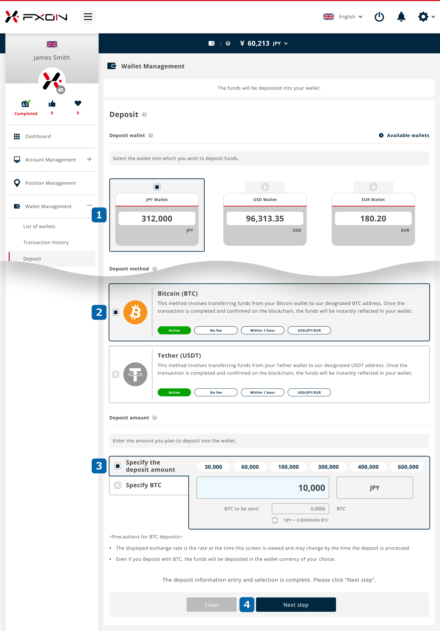 Deposit via Bitcoin (BTC) [Step i]