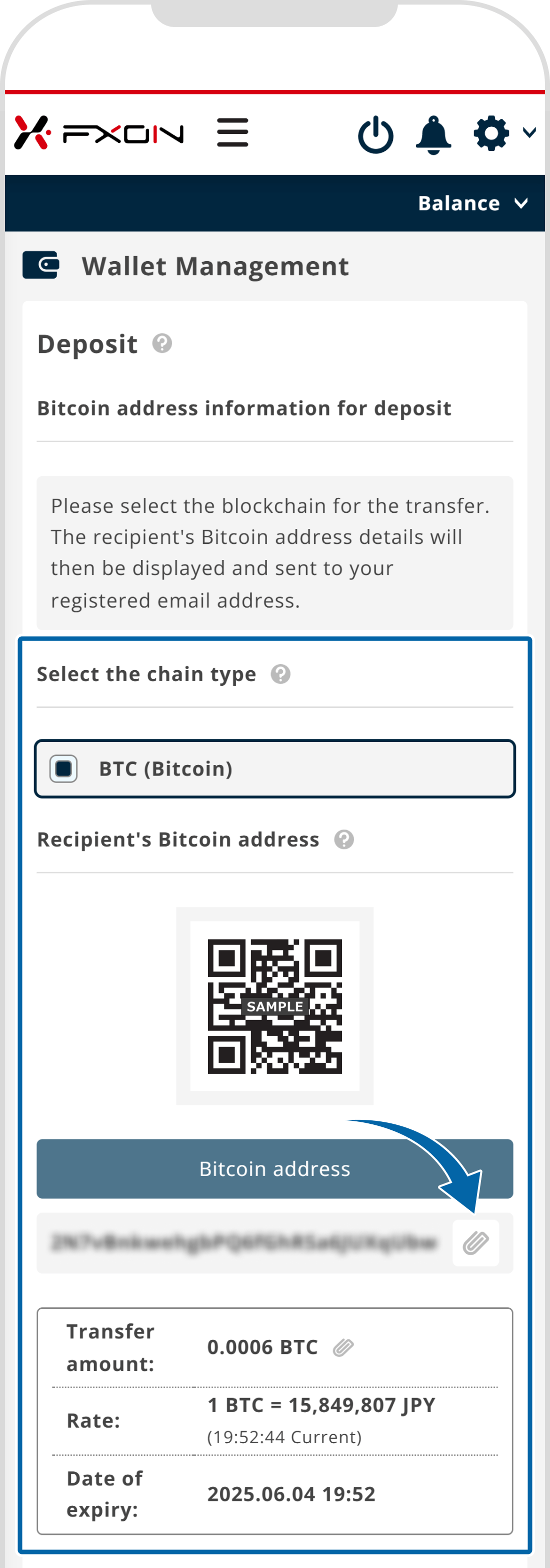 Display of deposit address