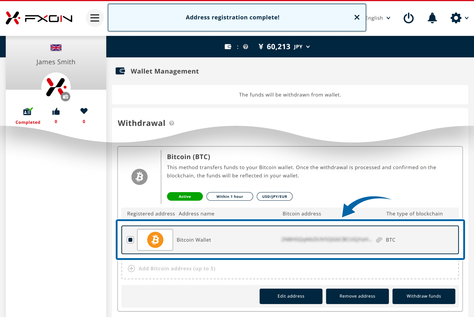 Withdrawal Address Registration Completed
