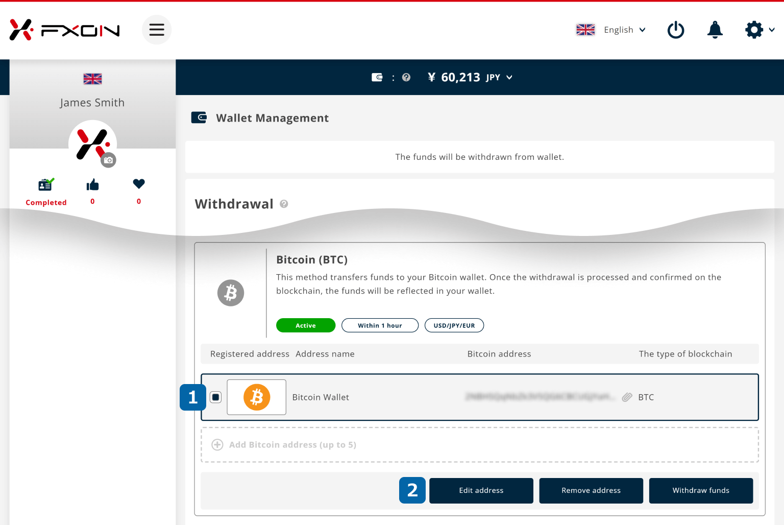 Changing the Cryptocurrency Withdrawal Address (i)