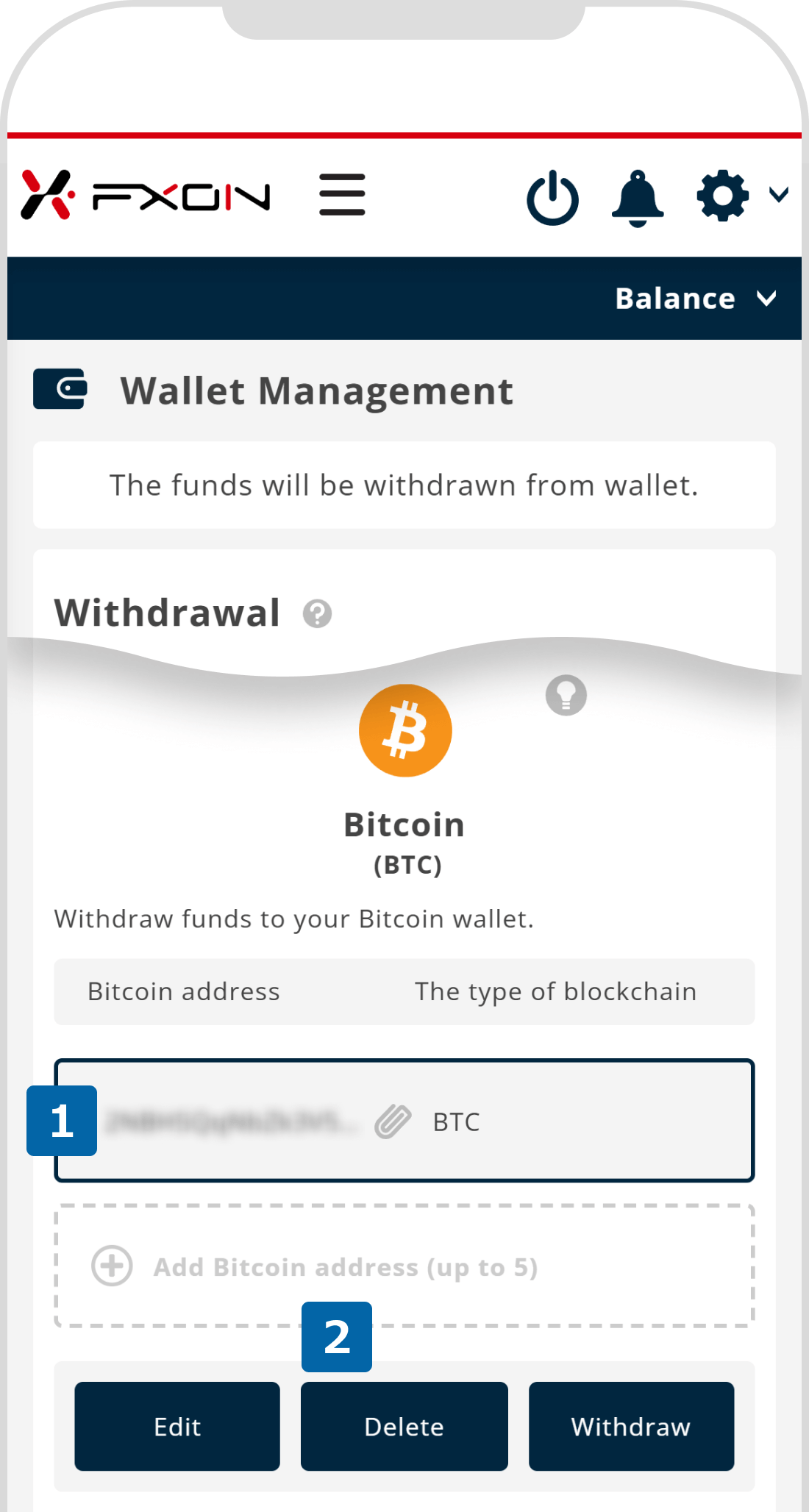 Delete the Registered Cryptocurrency Withdrawal Address (i)