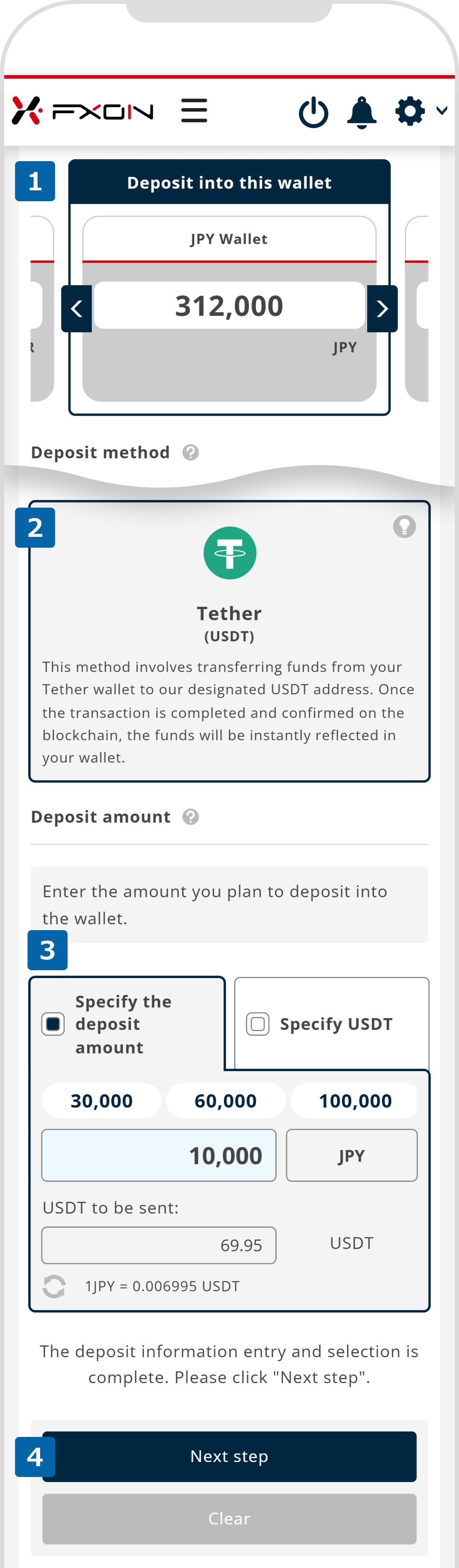 Deposit via Tether (USDT) [Step i]