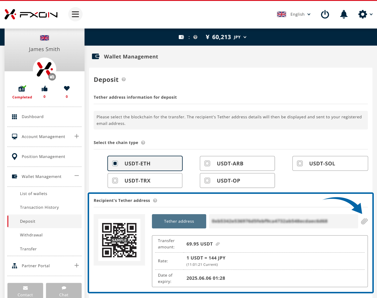 Display of deposit address
