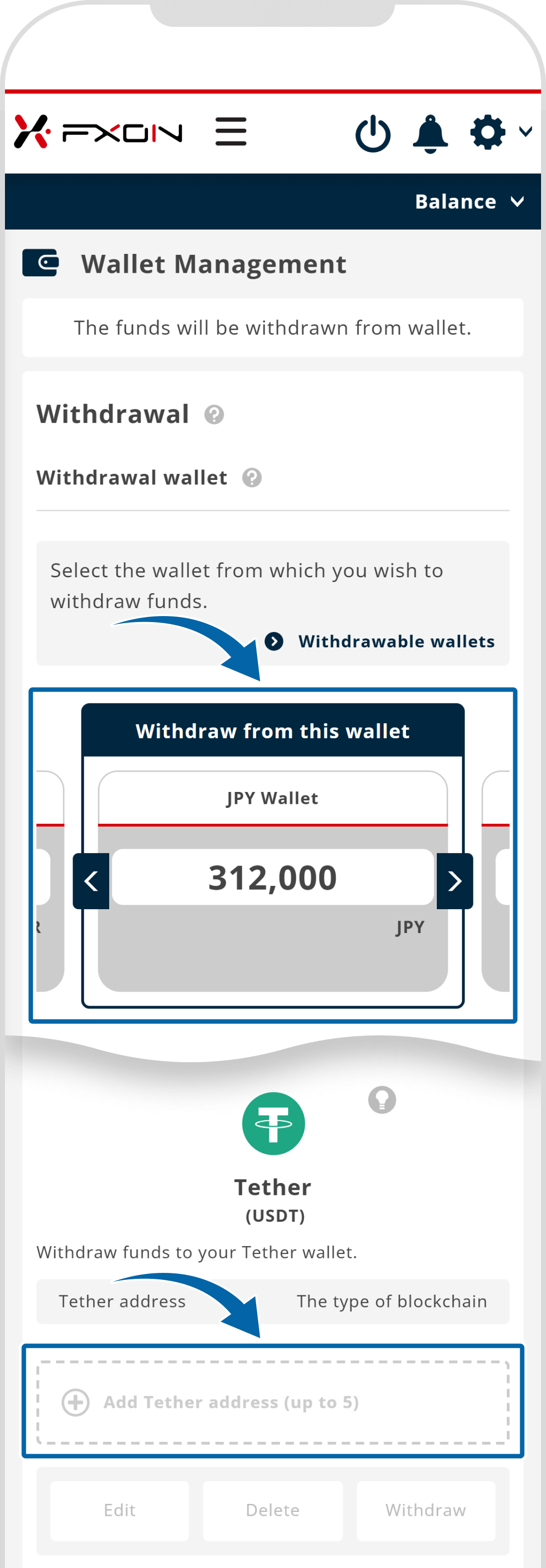 Adding a Tether (USDT) Withdrawal Address (i)