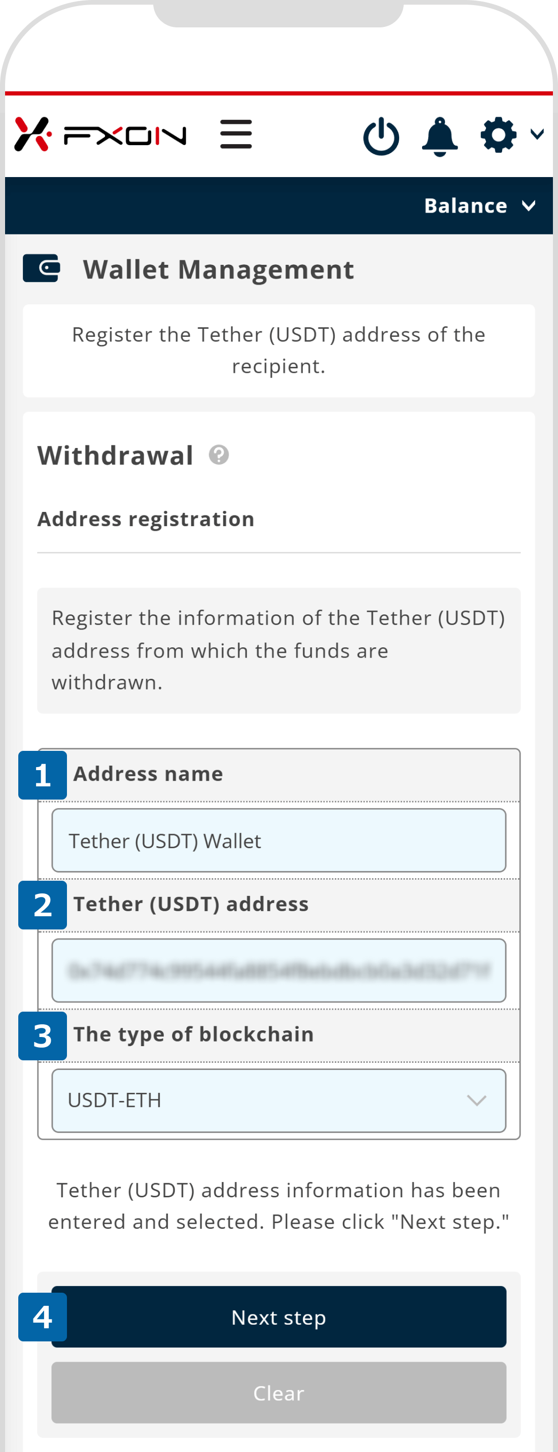 Adding a Tether (USDT) Withdrawal Address (ii)