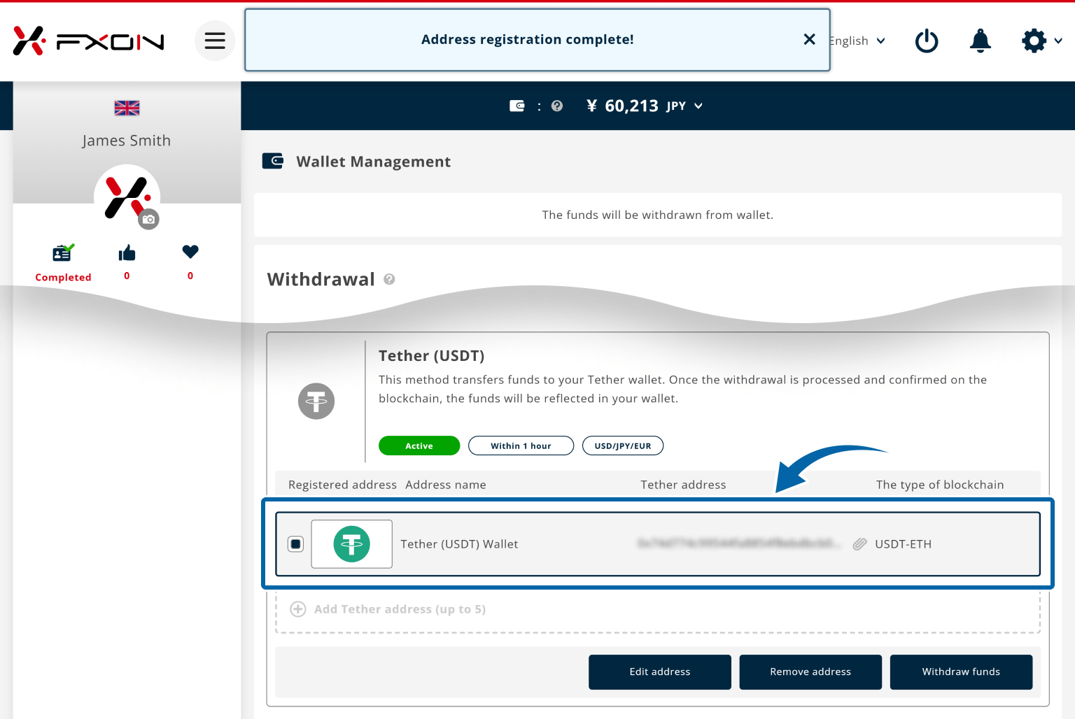 Withdrawal Address Registration Complete