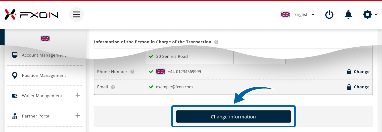 For changes to the address of the person in charge of the transaction