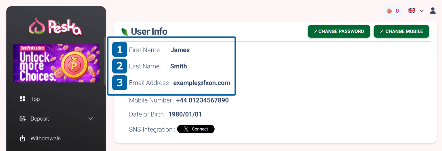 Required Document (i): Peska Account Information Page