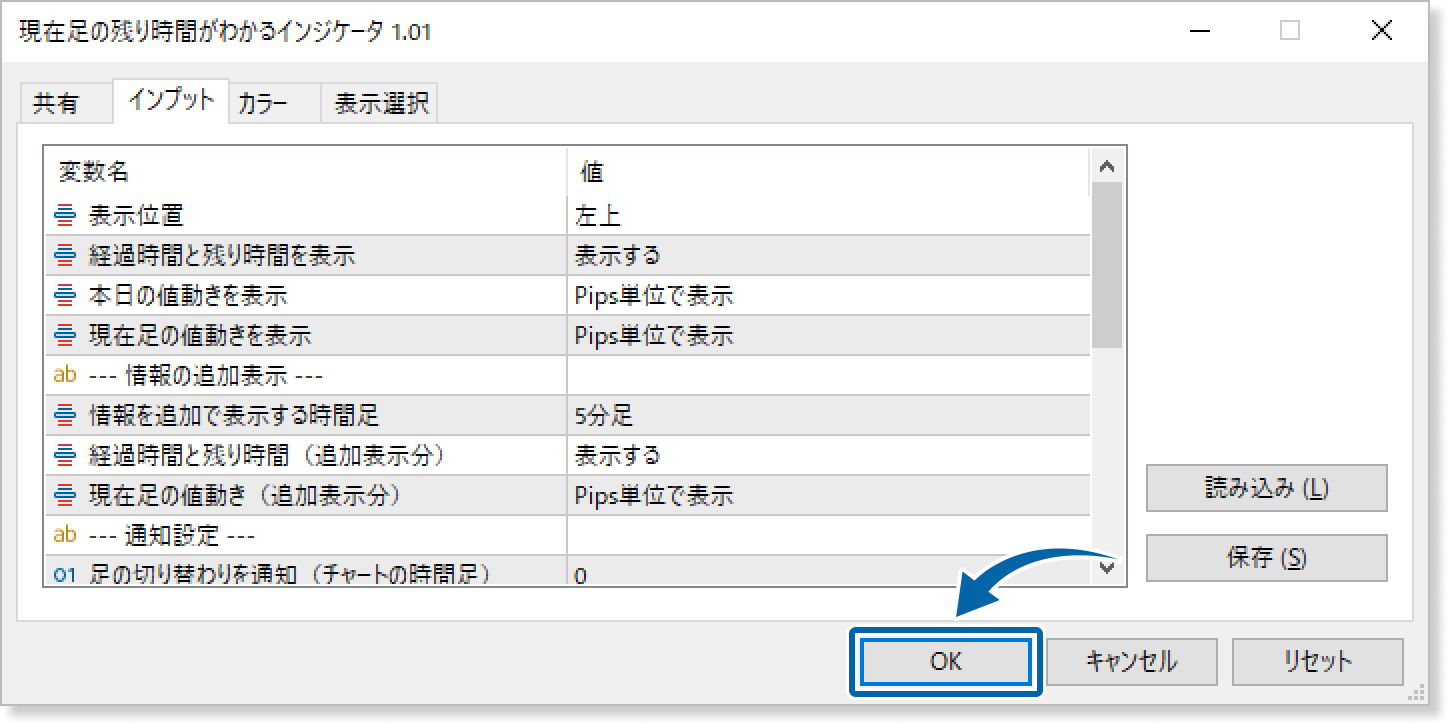 現在足の残り時間がわかるインジケータのインプット画面