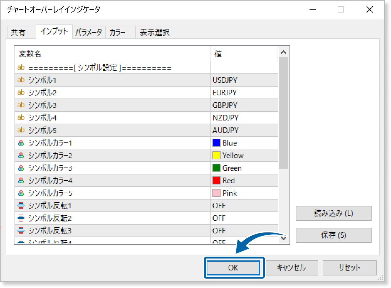 インジケータのパラメータ設定画面