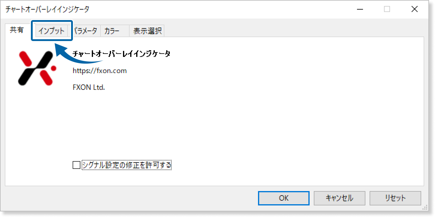 カスタムインジケータの共有タブ