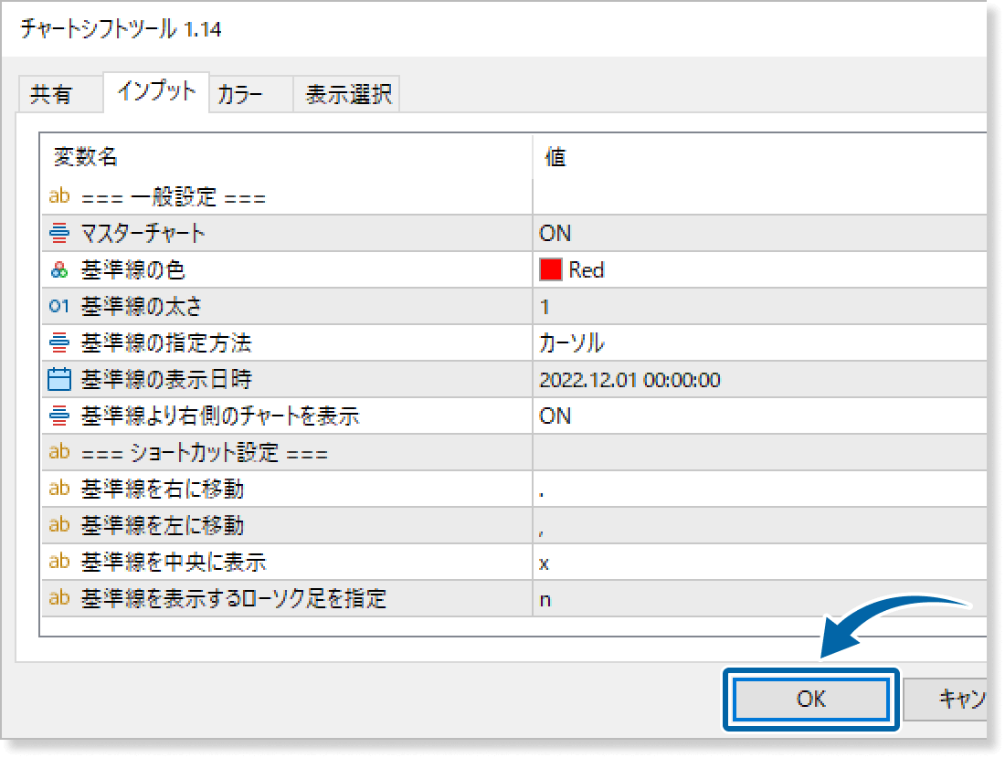 チャートシフトツールのインプット画面