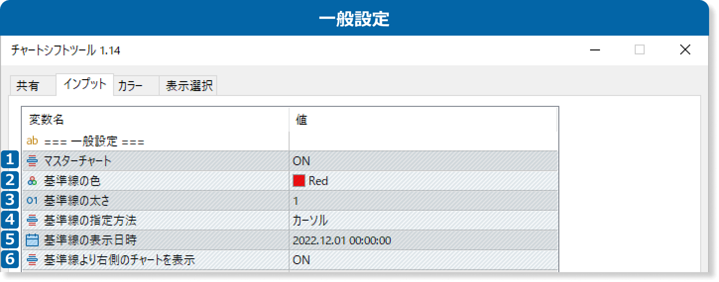 チャートシフトツールの一般設定